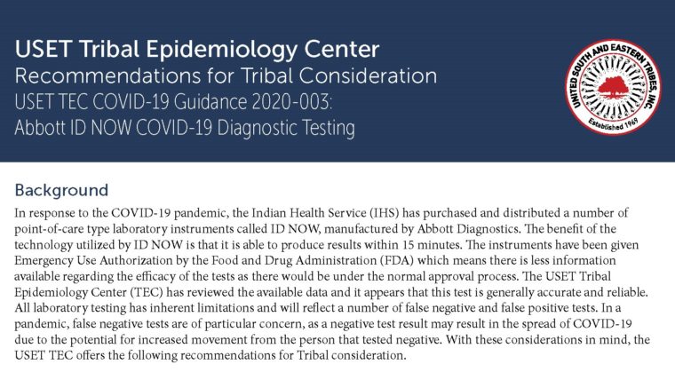 United South and Eastern Tribes, Inc. (USET) recommendations in regards to Abbott ID NOW COVID-19 Diagnostic Test