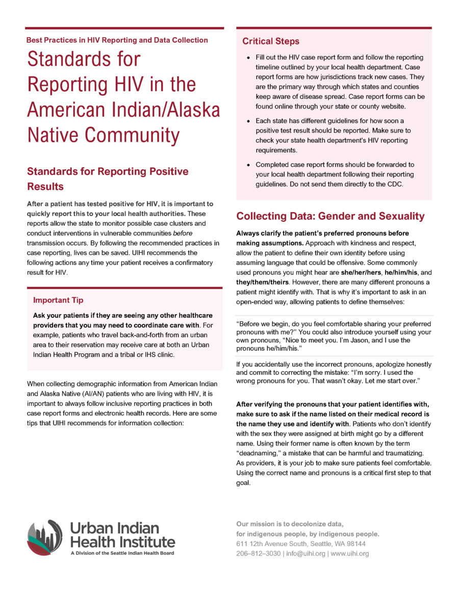 Standards for Reporting HIV in the American Indian/Alaska Native Community